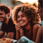 a person eating pizza with friends