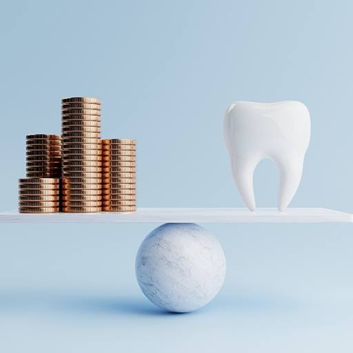 A model tooth and golden coins on a balancing scale 