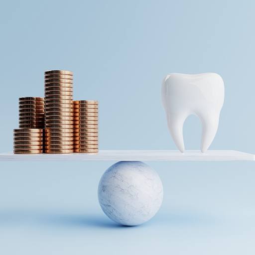 A model tooth and golden coins on a balancing scale