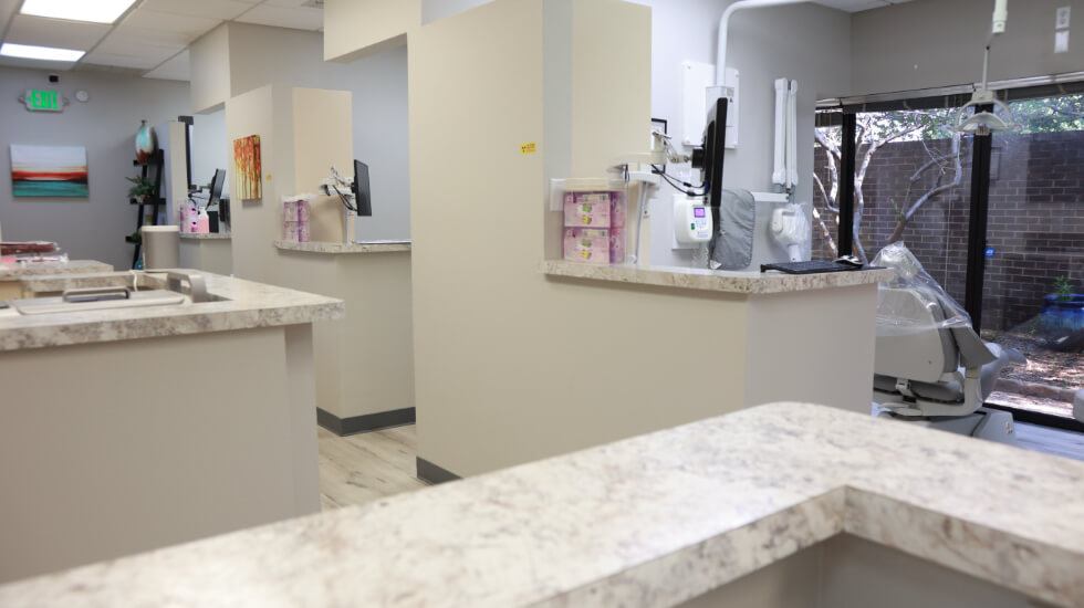 Hallway looking into dental treatment rooms